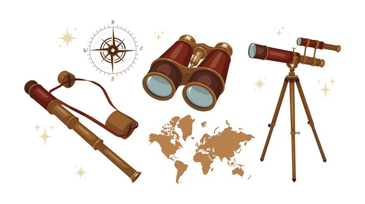 Vector カートゥーンスタイルの茶色い望遠鏡セット 遠視鏡のような古代の旅行用器具のベクトルイラスト 背景のスパイグラス地図
