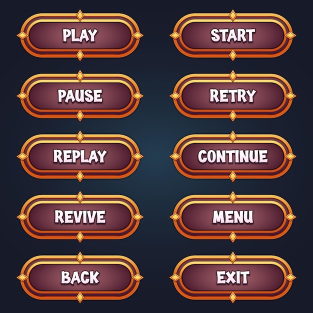 Vector set of brown game buttons for mobile games with editable text effect gui to build 2d games