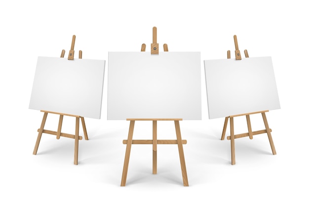 Set of brown sienna wooden easels with empty blank canvases