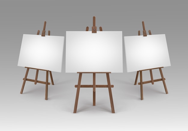 Vector set of brown wooden easels with mock up empty blank canvases isolated on background