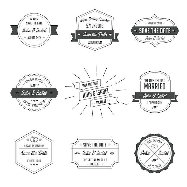 Set bruiloft badges. retro / vintage designelementen voor bruiloft uitnodiging