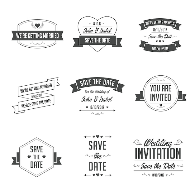 Set bruiloft badges. Retro / Vintage typografisch ontwerpelementen voor bruiloft uitnodiging