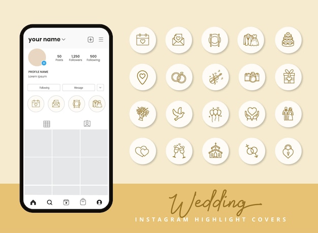 Set bruiloft iconen voor instagram verhaal hoogtepunt covers