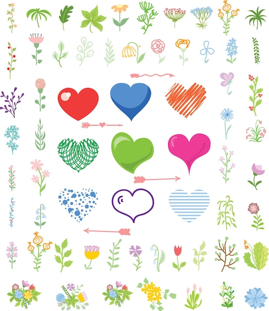 Set bruiloft of Valentijnsdag afbeeldingenset krans bloemen pijlen harten laurier linten en etiketten hand tekenen vectorillustratie