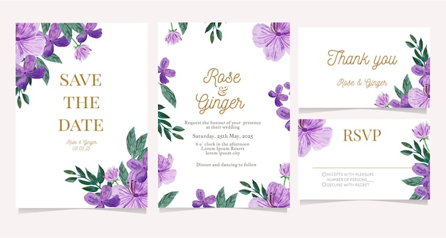 Set bruiloft uitnodigingskaart met aquarel bloem