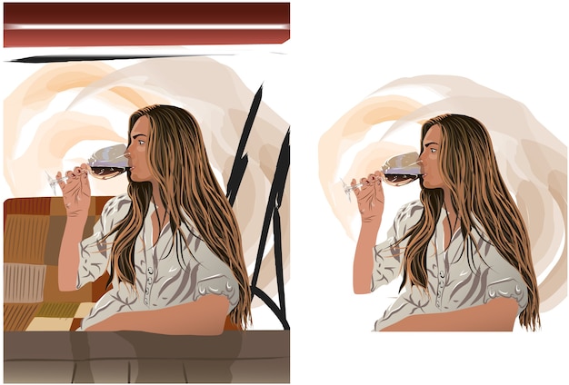 Set of a brunette in beige blouse drinking a glass of wine while sitting and looking away