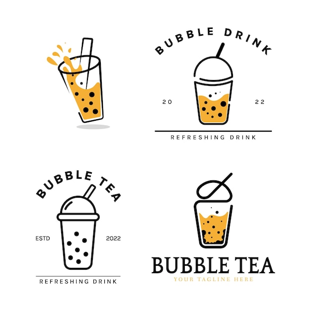 Vector set of bubble drink tea logo good for boba milk shake thai tea pearl and fresh fruit juice