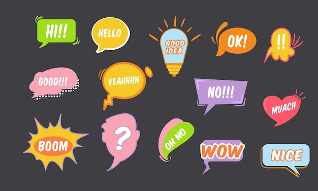 Set of bubble talk phrases Clouds for online chat with different words Suitable for dialogue to illustrate reactions Chat baloons Colorful chat messages Vector Illustration