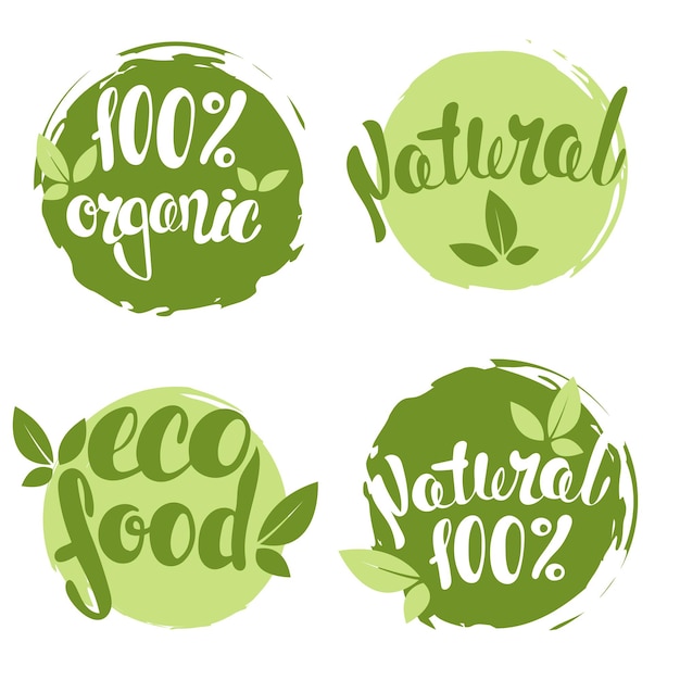 Set of bubbles, stickers, labels, tags with text. 100% natural product, 100% organic, healthy food. organic food badges in vector (cosmetic, food). fresh food.