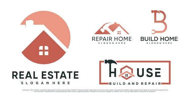 Set di design del logo della casa di costruzione per la costruzione con martello ed elemento creativo vettore premium