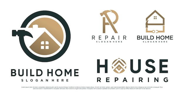 Set of build house logo design for construction with hammer and creative element Premium Vector