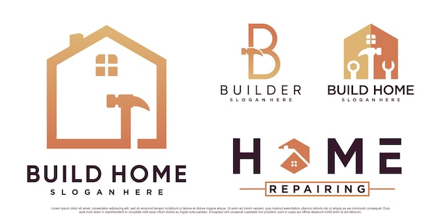 Set of build house logo design for construction with hammer and creative element Premium Vector