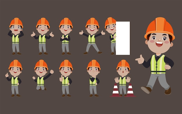 Set of builder with different poses