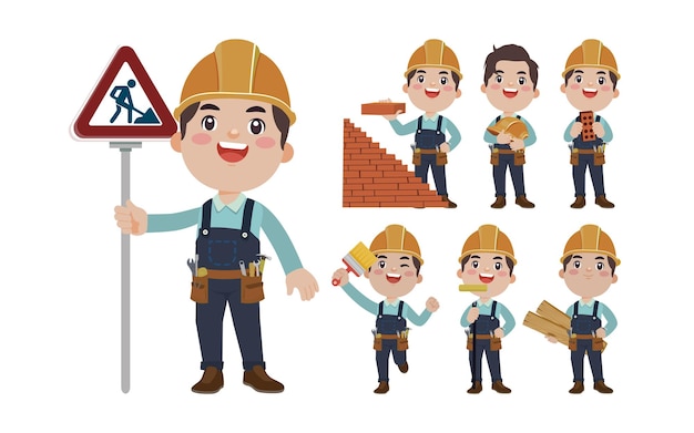 Set of builder with different poses