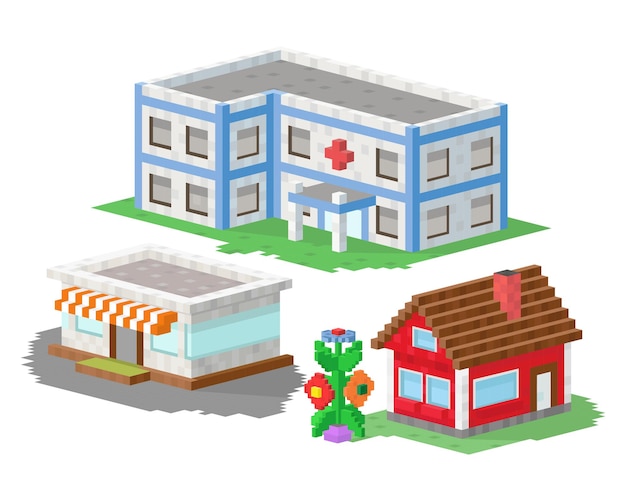 Set of building constructions on pixel art