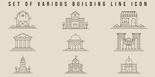 set of building icon logo line art vector illustration template graphic design bundle collection of various architecture for business or religious activities or learning activities