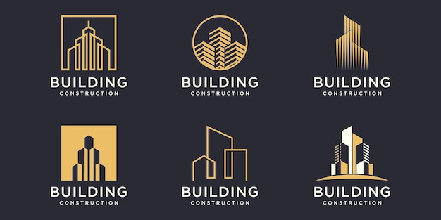 건물 로고 벡터 디자인 서식 파일의 집합입니다. 로고 디자인 영감에 대 한 도시 건물 개요입니다.