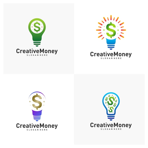 Set of bulb icon with money logo design concept vector, simple money icon with bulb logo template, symbol, creative design