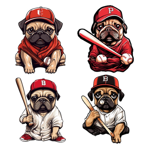 Vector set of bulldog baseball player mascot cartoon clip art vector illustration