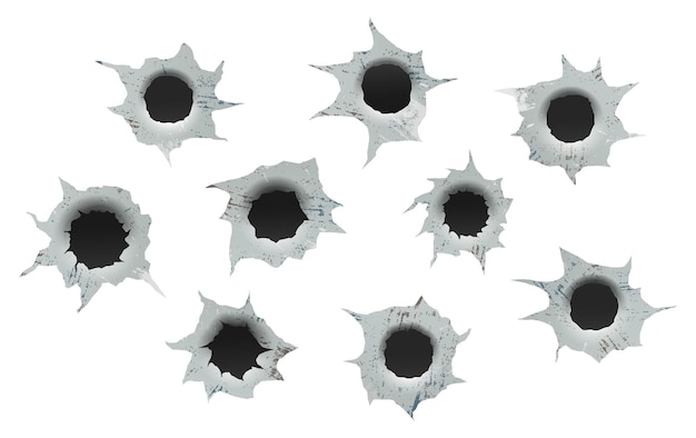 총알 구멍 세트 금속 표면의 총알과 다른 손상된 요소
