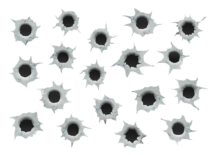 Vector set of bullet holes ragged hole in metal from bullets