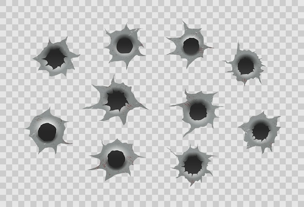 Vector set of bullet holes on transparent background