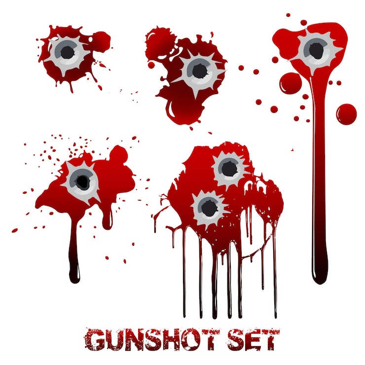 Set of bullet holes with blood in walls or body Bloody stains spatter and smudges