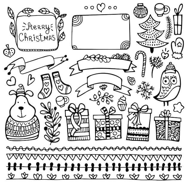 Set of Bullet journal cute hand-drawn Christmas, New Year's and winter's doodle elements isolated on white background.