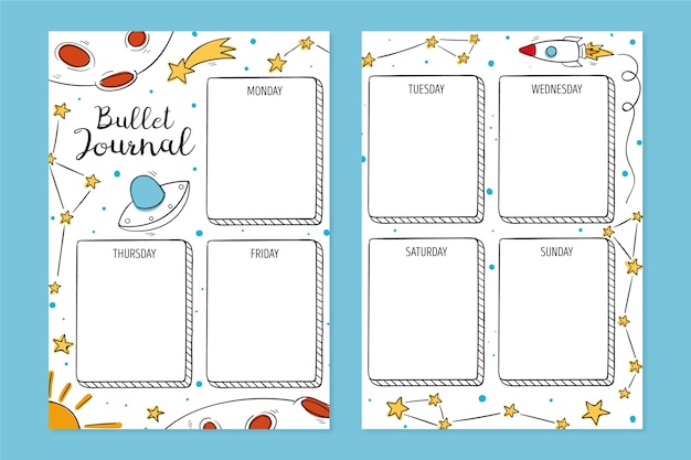 Set of bullet journal planner with drawn elements