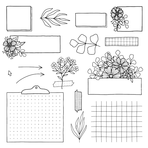 Set for a bullet journal with floral elements. Collection of drawings for a diary, weekly