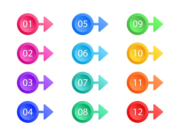 Set of bullet points. arrows vector. colorful web buttons. elements.