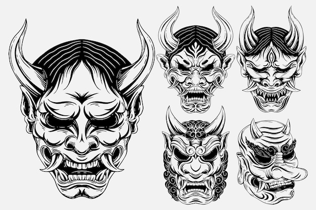 Set Bundel Dark Art Japanese Devil Oni Mask Tattoo Handgetekende gravurestijl