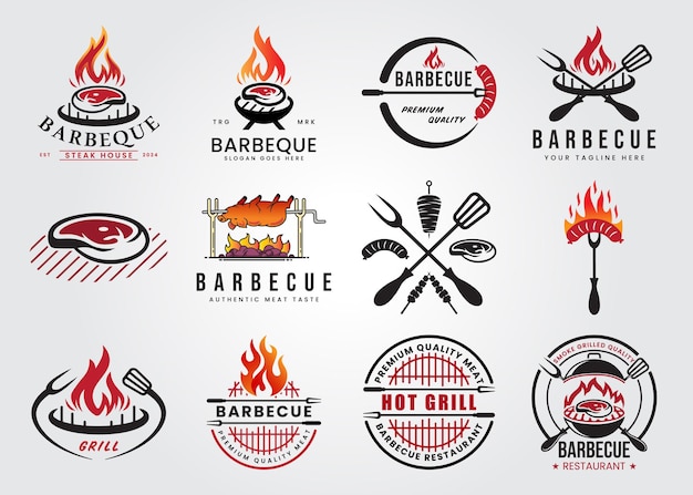 Vector set bundel gerookte barbecue grill logo vector illustratie ontwerp