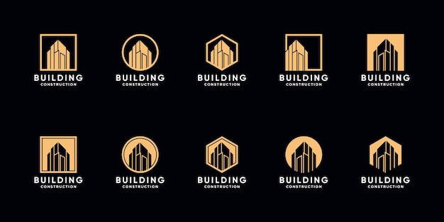 Imposta il pacchetto del modello di progettazione del logo della costruzione di edifici con un concetto moderno unico vettore premium