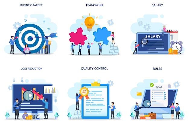 Vector set bundle business concept business target team work salary qost reduction quality control rules