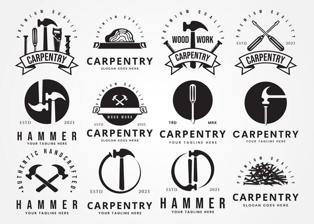 set bundle carpentry silhouette symbol icon vector Woodworking retro vintage logo vector design