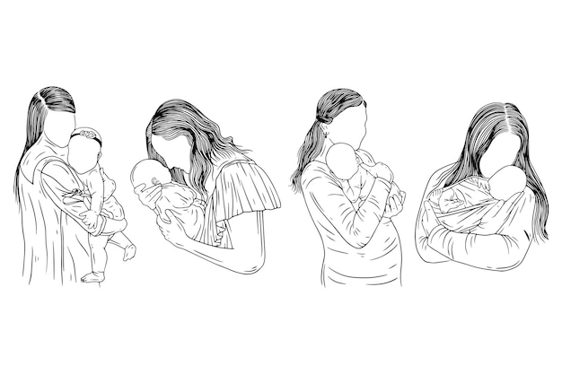 Set Bundle Cute Mother and Baby Born Happy Family Mom and Kids women empower baby birth line art hand drawn style