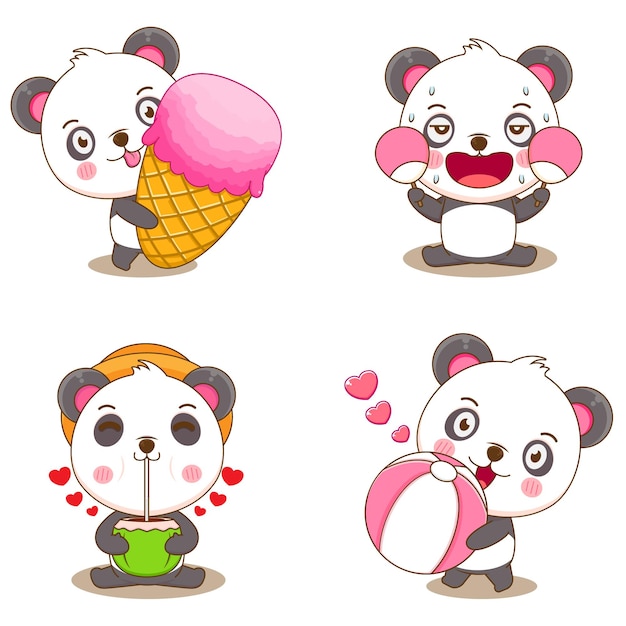Set bundle of cute panda bear with summer activities