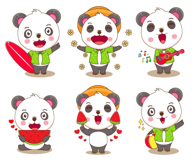 Set bundle of cute panda bear with summer activities