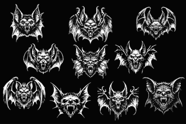 Set Bundle Dark Art Bat Beast Horror Helloween Skull Grunge Vintage Style Black White