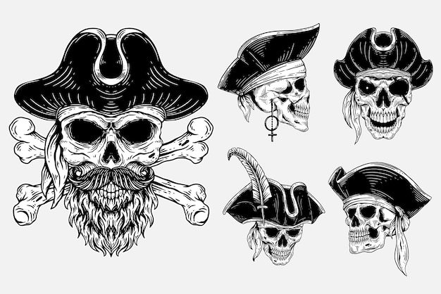 Set Bundle Dark Art Skull pirates captain Skeleton Vintage illustration for clothing apparel