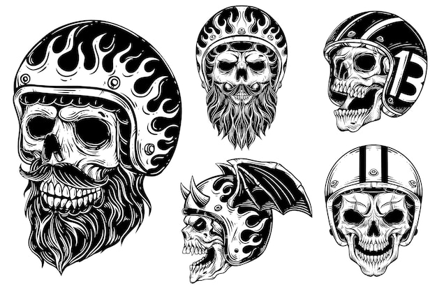 Set Bundle Dark art Skull Rider Man Face bikers retro Vintage Tattoo Helmet Motorcycle custom illustration