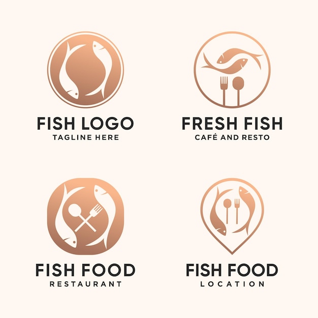 Imposta il design del logo del pacchetto di pesce per ristorante e bar con stile art linea vettore premium