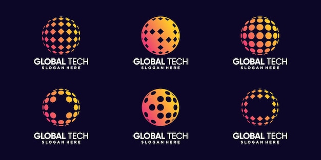 Imposta un pacchetto di modelli di design del logo tecnologico globale con un concetto creativo vettore premium