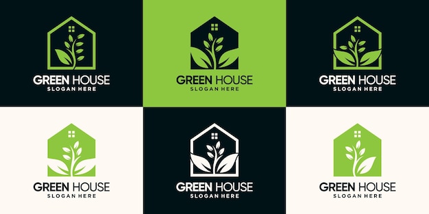 線画スタイルとネガティブスペースコンセプトプレミアムベクトルと緑の家のロゴデザインのバンドルを設定します。