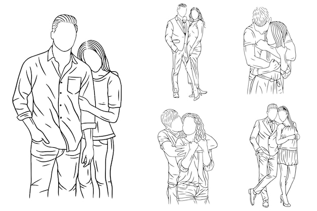 Premium Vector  Set bundle line art drawing simple couple fall in