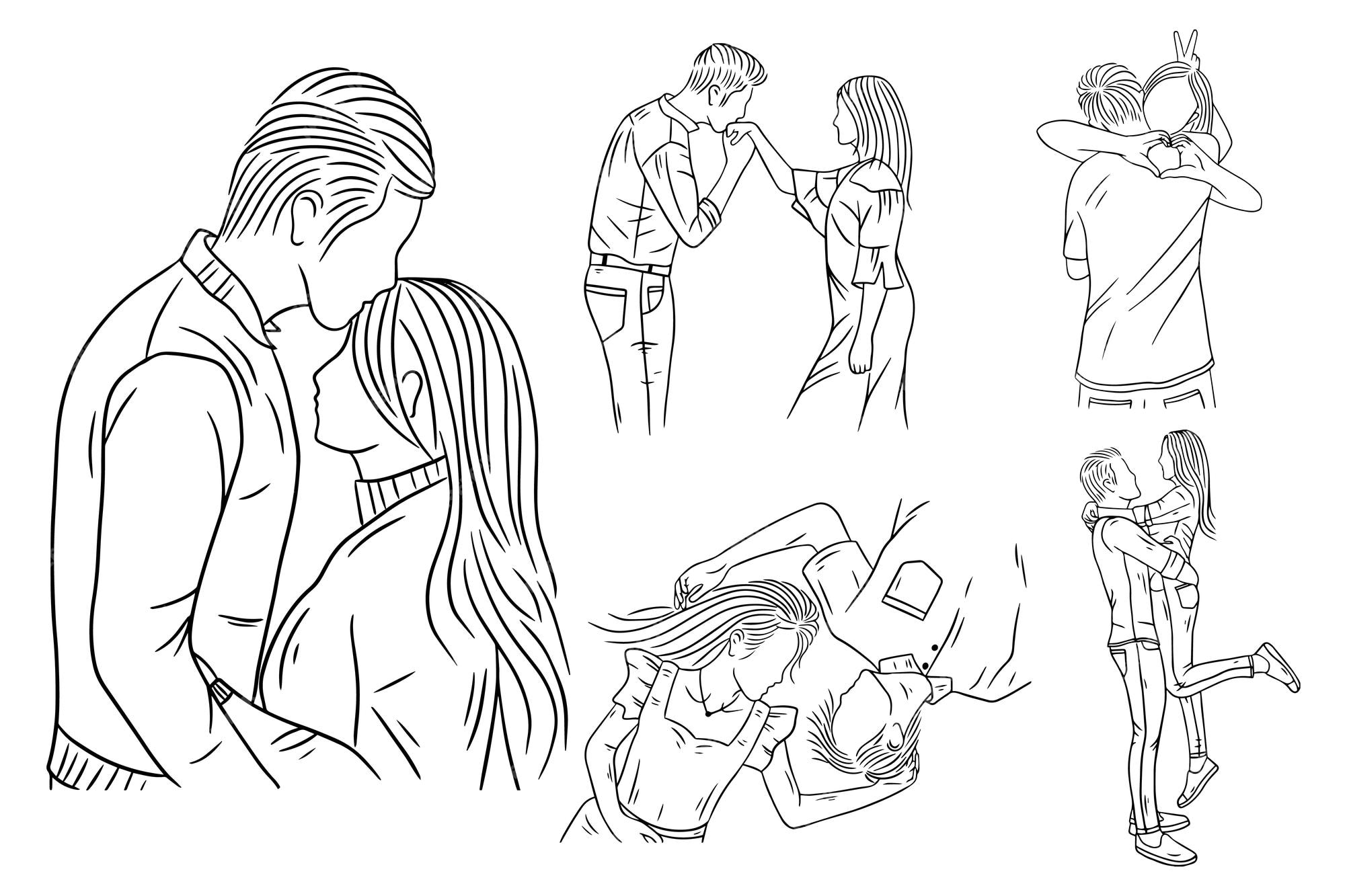 Premium Vector  Set bundle line art drawing simple couple fall in love  happy cute hand drawn