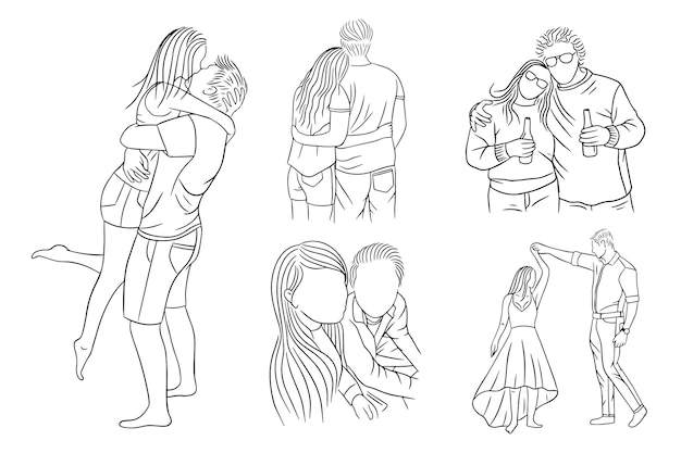 Set bundle line art disegno coppia semplice amore ragazzo e ragazza bacio disegnato a mano