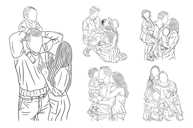 Set Bundle Line Art Drawing Simple Happy Family with Kids and Children Hand Drawn