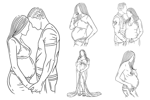 Set Bundle Line Art Drawing Simple Maternity Couple Pose Love Father and Mother Hand Drawn